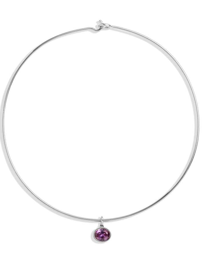 Lab Grown Amethyst Oval Pendant Collar Necklace Stainless Steel White Gold 15in First