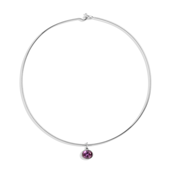 Lab Grown Amethyst Oval Pendant Collar Necklace Stainless Steel White Gold 15in First