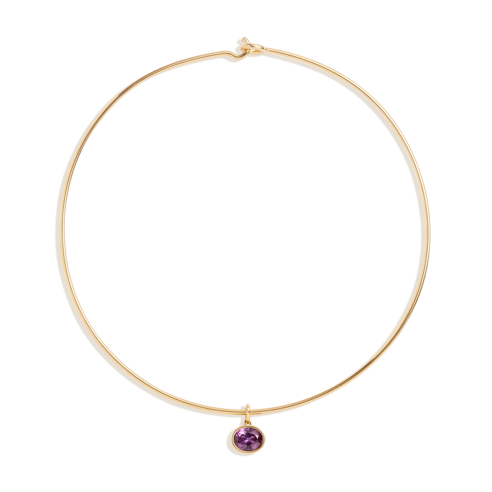 Lab Grown Amethyst Oval Pendant Collar Necklace Stainless Steel Yellow Gold 15in First