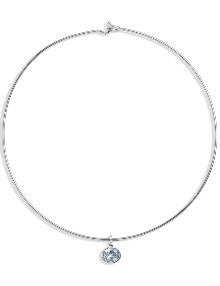Lab Grown Aquamarine Oval Pendant Collar Necklace Stainless Steel White Gold 15in First