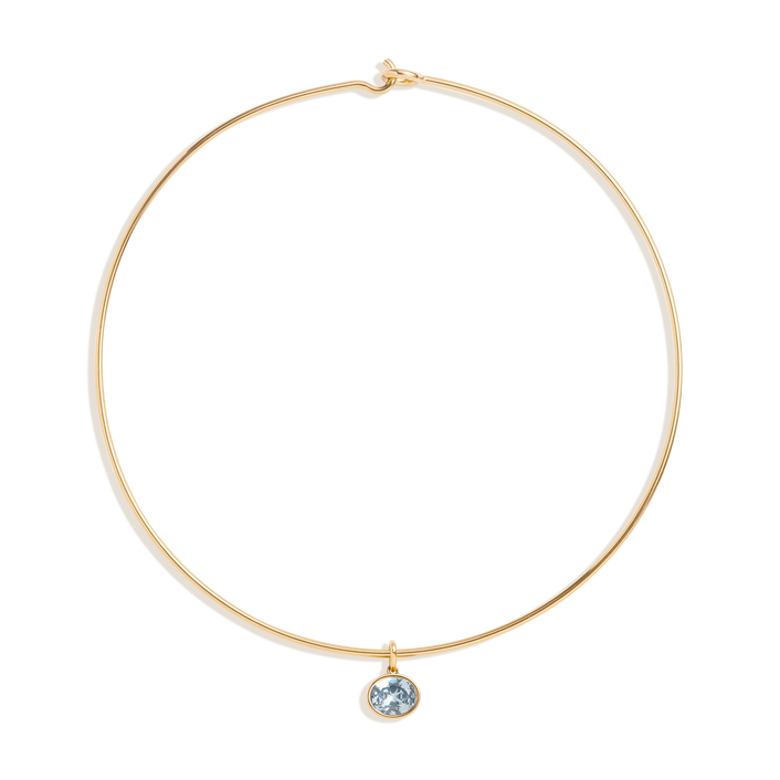 Lab Grown Aquamarine Oval Pendant Collar Necklace Stainless Steel Yellow Gold 15in First