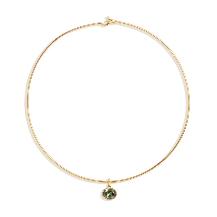 Lab Grown Green Sapphire Oval Pendant Collar Necklace Stainless Steel Yellow Gold 15in First 