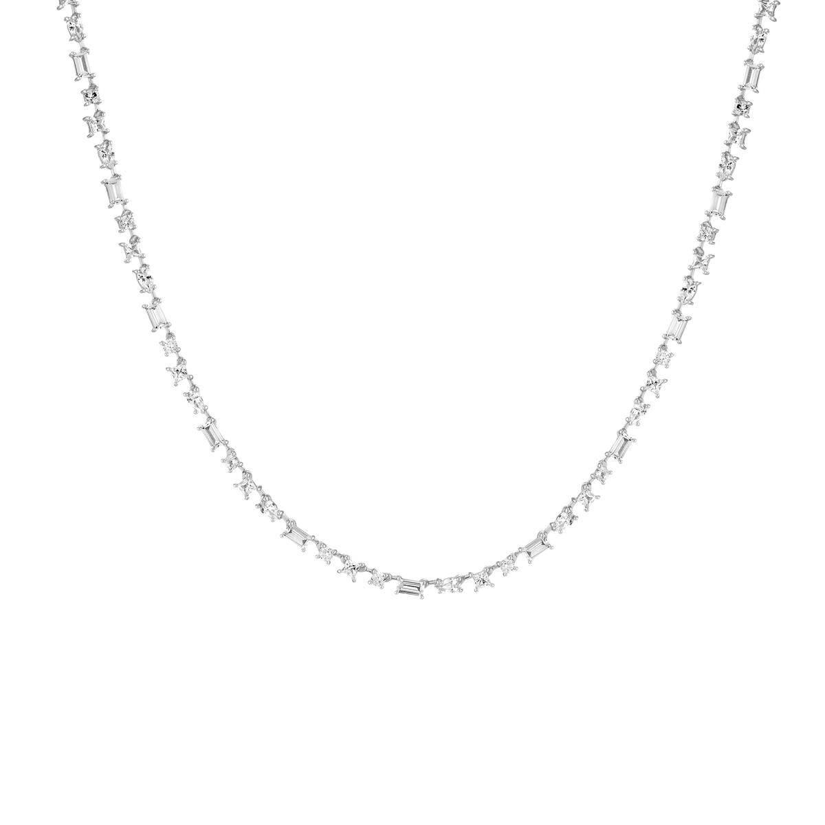 Lab Grown White Sapphire Mosaic Tennis Necklace Vermeil White Gold 16in First