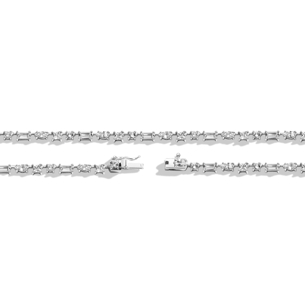 Lab Grown White Sapphire Mosaic Tennis Necklace Vermeil White Gold 16in 