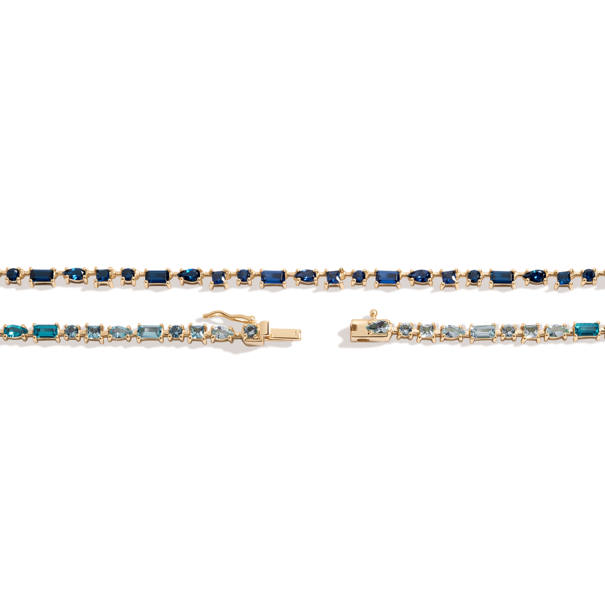 Blue Ombré Mosaic Tennis Necklace Vermeil Yellow Gold 16in