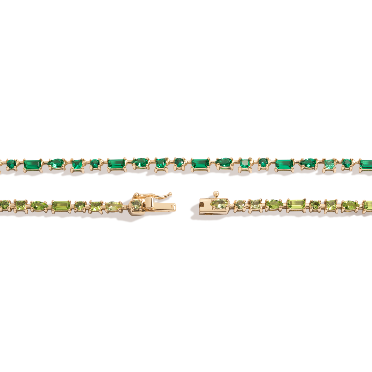 Green Ombré Mosaic Tennis Necklace Vermeil Yellow Gold 16in