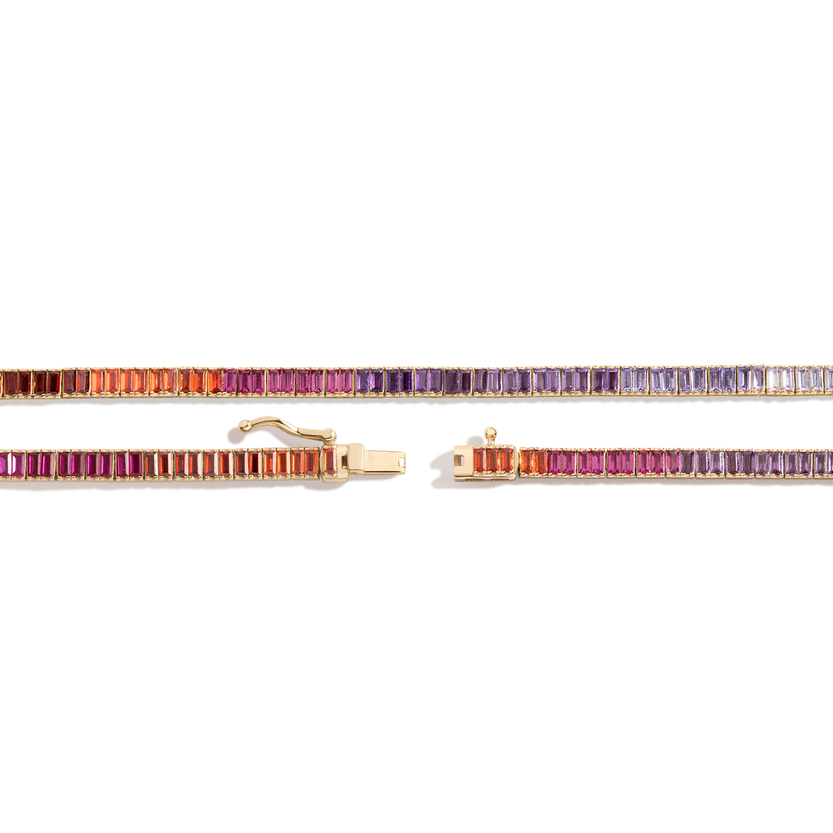 Pink Ombré Baguette Tennis Necklace Vermeil Yellow Gold 16in