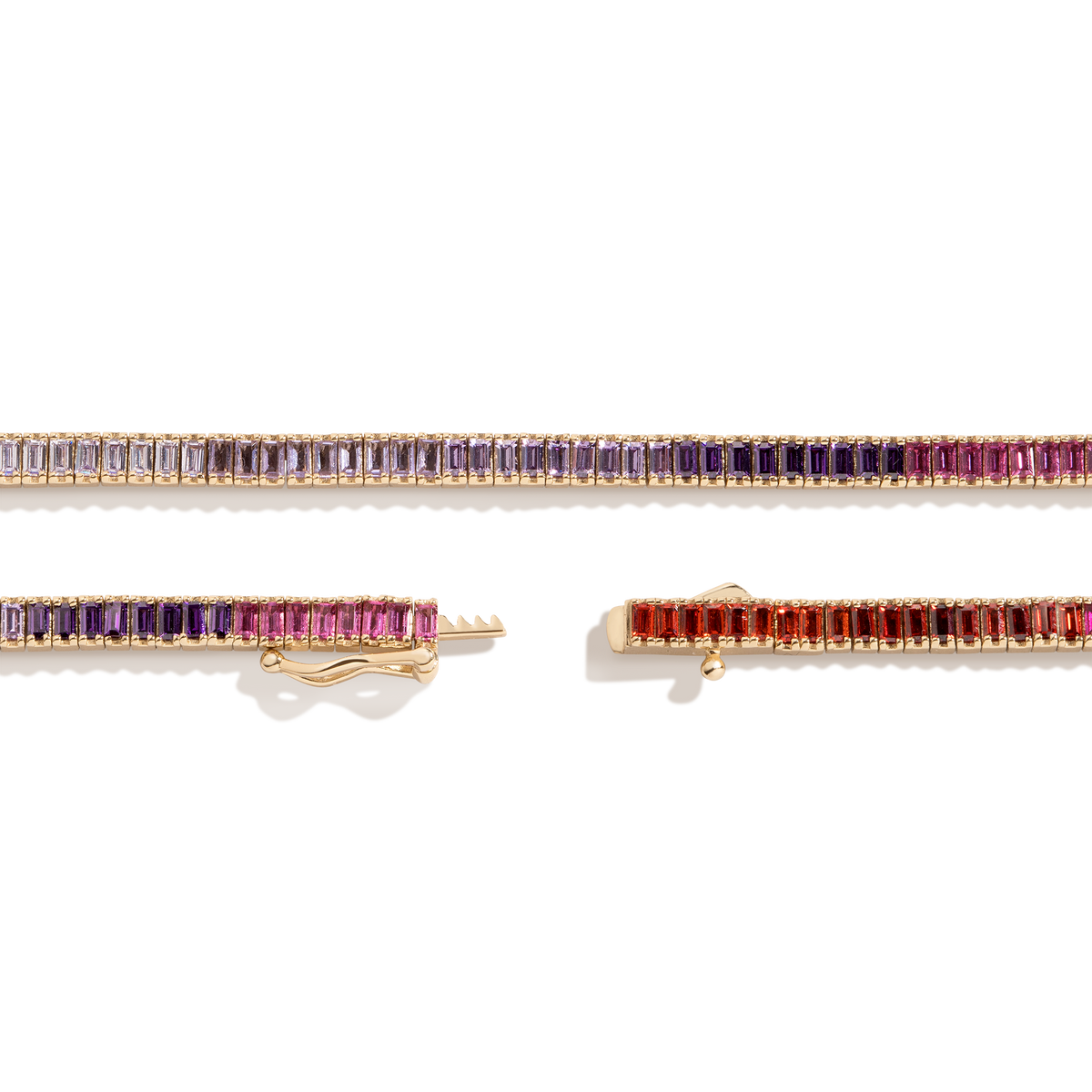 Pink Ombré Baguette Tennis Necklace Vermeil Yellow Gold 16in