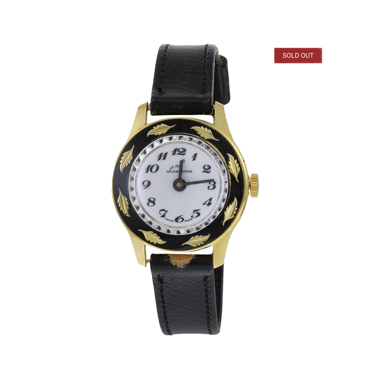 Vintage Lausanne Leather Watch 14k Gold Plated Yellow Gold