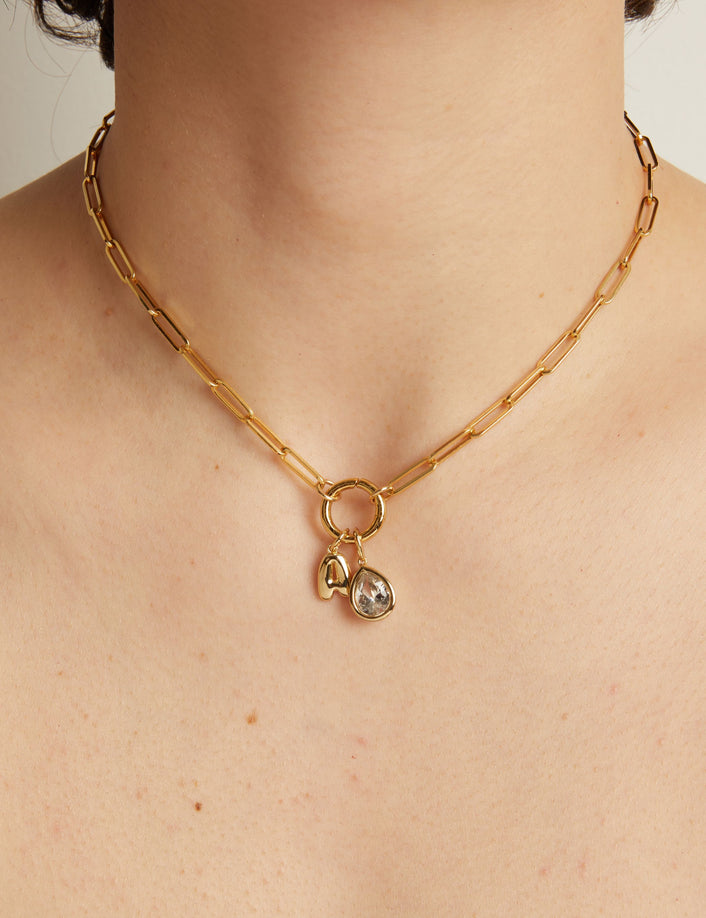 Model. Gold necklace with a pendant on a person