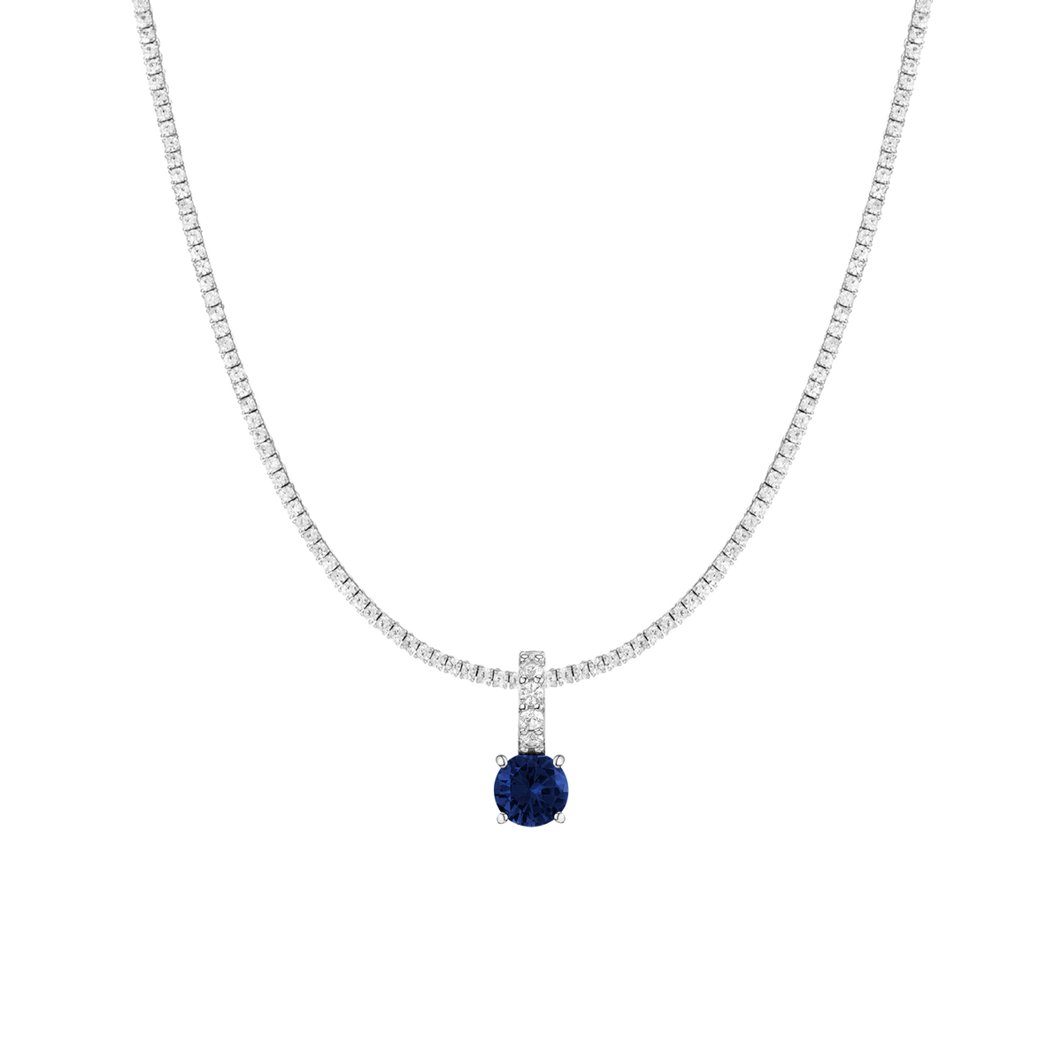 7ct Round Tennis Charm Necklace Set White Gold 15in 16in 17in Lab Grown Blue Sapphire First