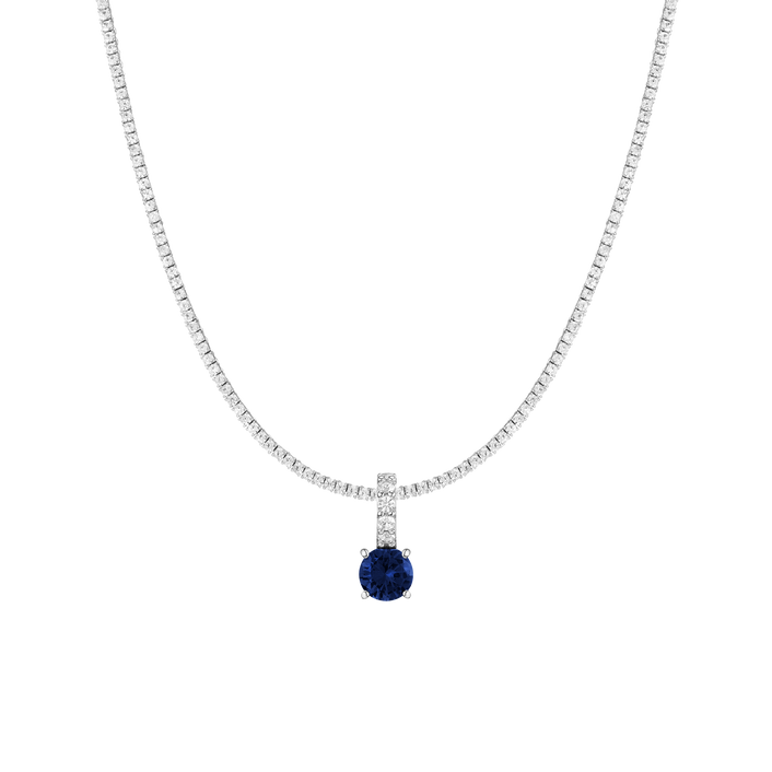 7ct Round Tennis Charm Necklace Set White Gold 15in 16in 17in Lab Grown Blue Sapphire First