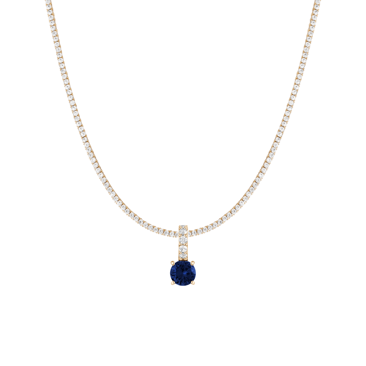 7ct Round Tennis Charm Necklace Set Yellow Gold 15in 16in 17in Lab Grown Blue Sapphire First