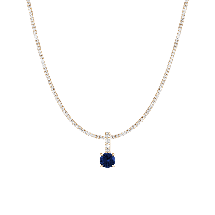 7ct Round Tennis Charm Necklace Set Yellow Gold 15in 16in 17in Lab Grown Blue Sapphire First