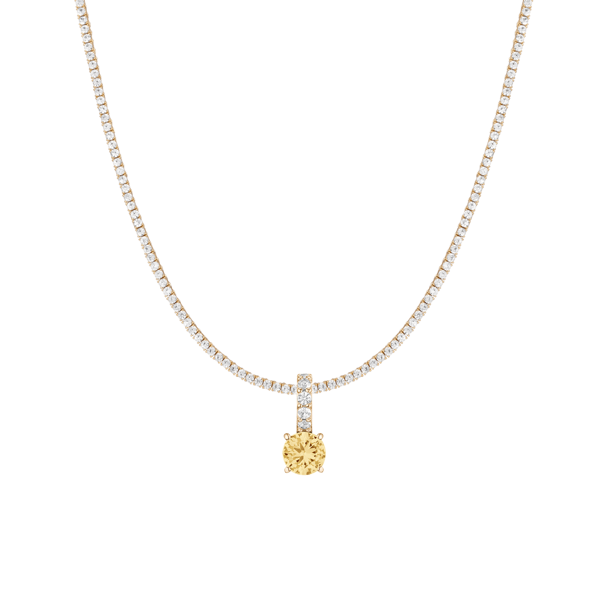 7ct Round Tennis Charm Necklace Set Yellow Gold 15in 16in 17in Lab Grown Canary First