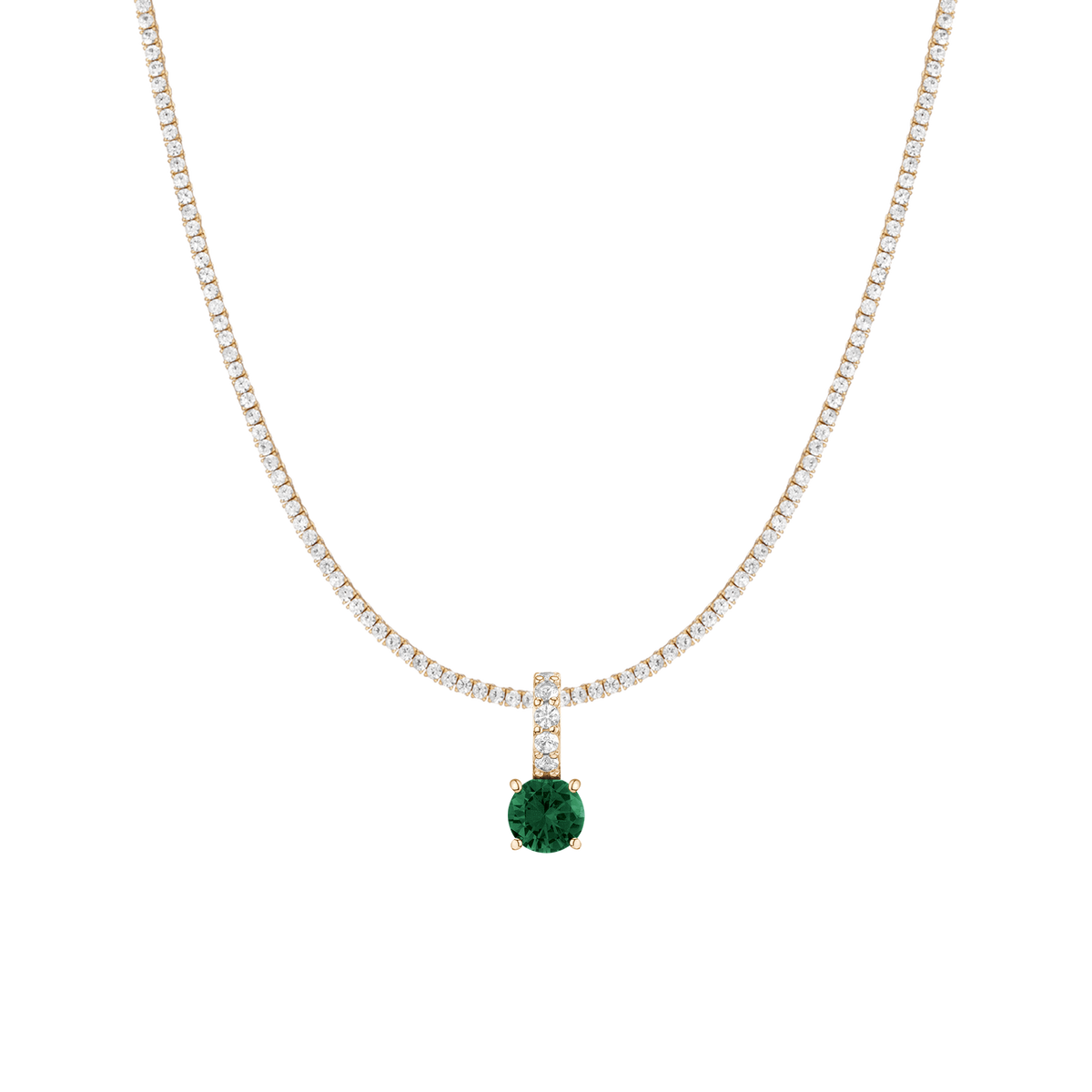 7ct Round Tennis Charm Necklace Set Yellow Gold 15in 16in 17in Lab Grown Green Emerald First
