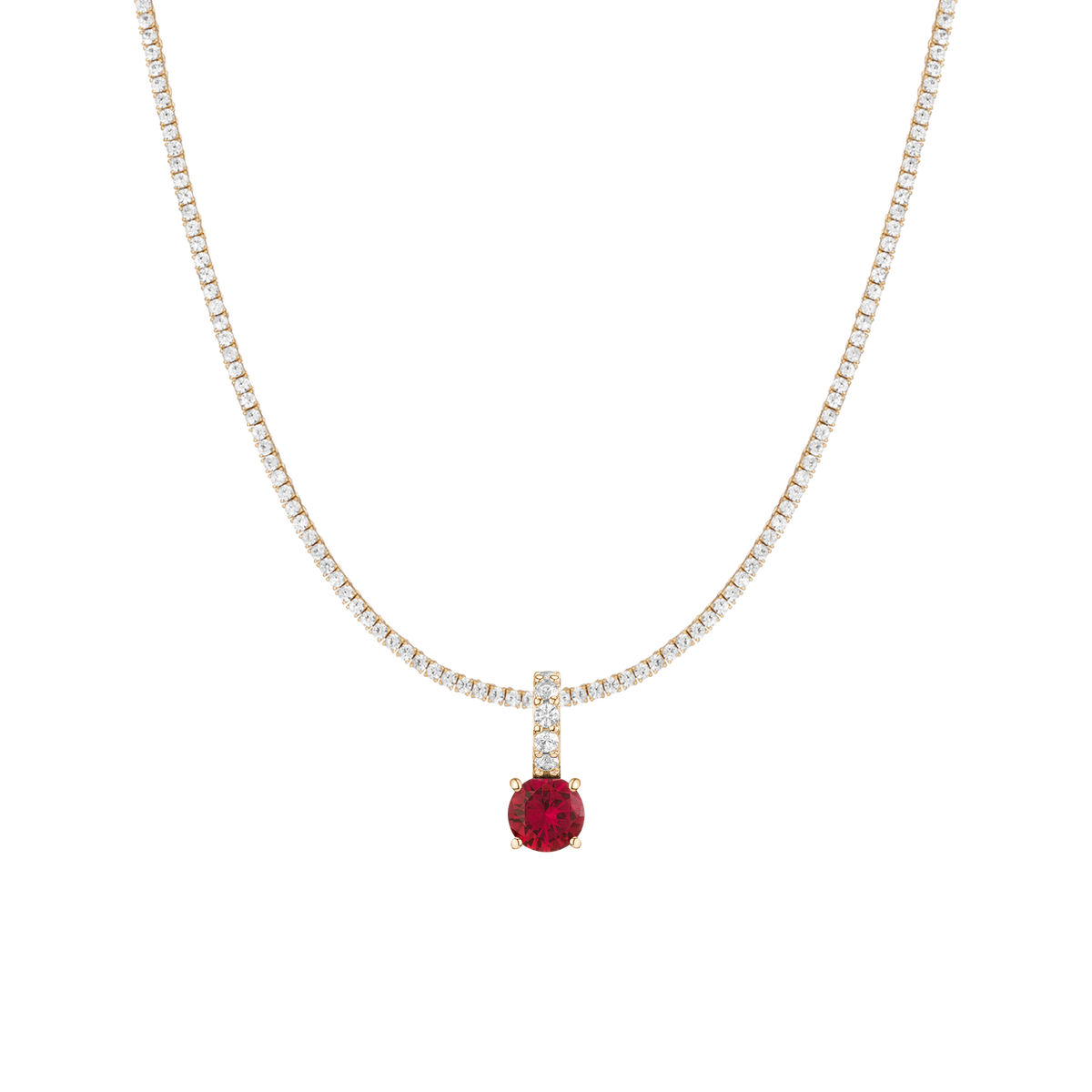 7ct Round Tennis Charm Necklace Set Yellow Gold 15in 16in 17in Lab Grown Red Ruby First