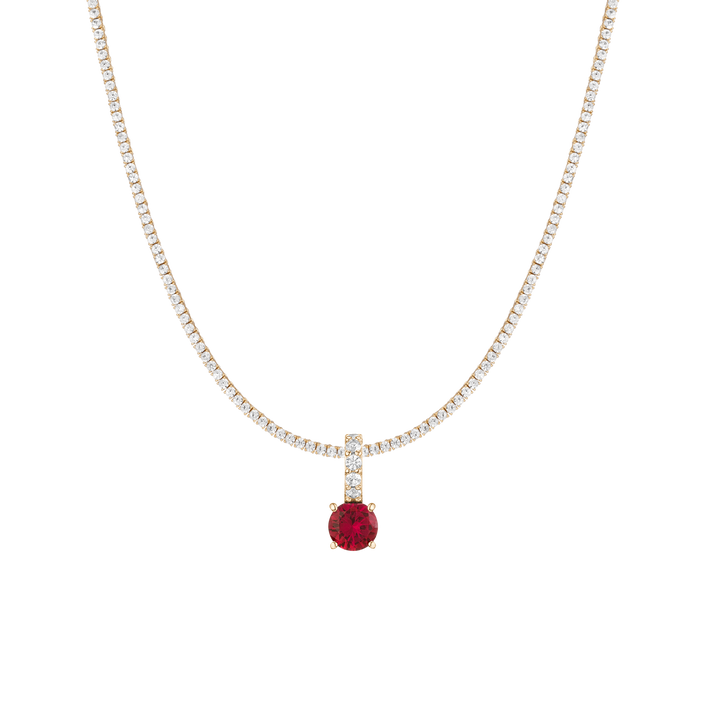 7ct Round Tennis Charm Necklace Set Yellow Gold 15in 16in 17in Lab Grown Red Ruby First