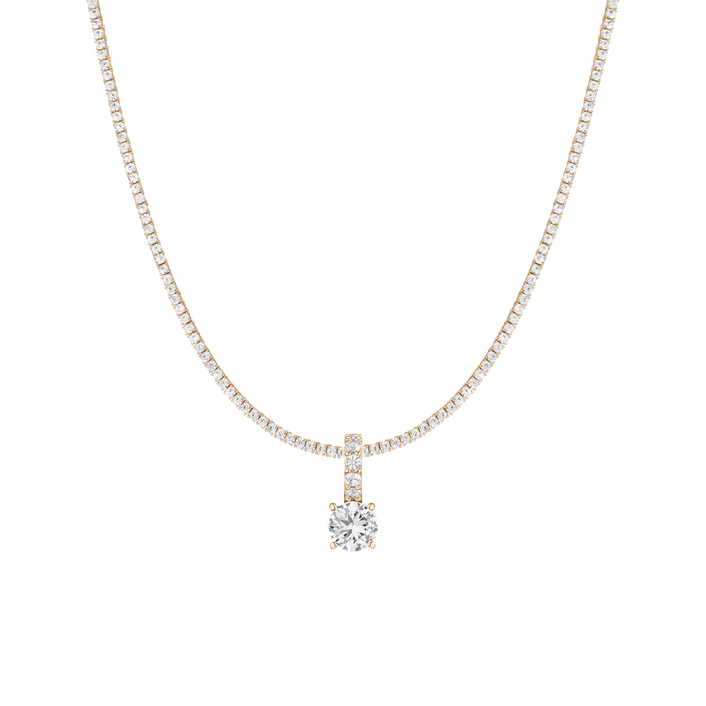 7ct Round Tennis Charm Necklace Set Yellow Gold 15in 16in 17in Lab Grown White Sapphire First