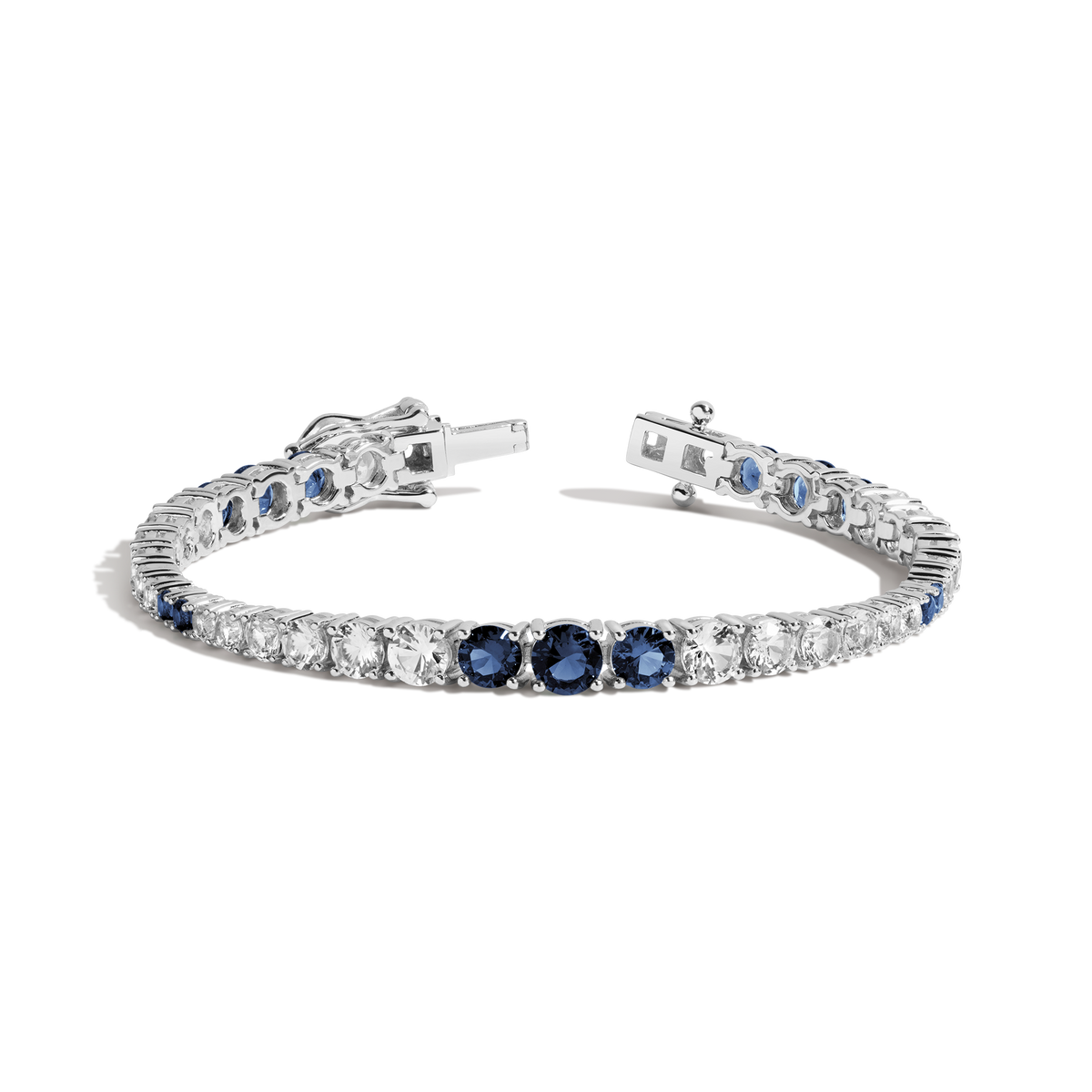 Lab Grown Blue Sapphire and White Sapphire Scalloped Tennis Bracelet Vermeil White Gold 6in 6.5in 7in 7.5in First