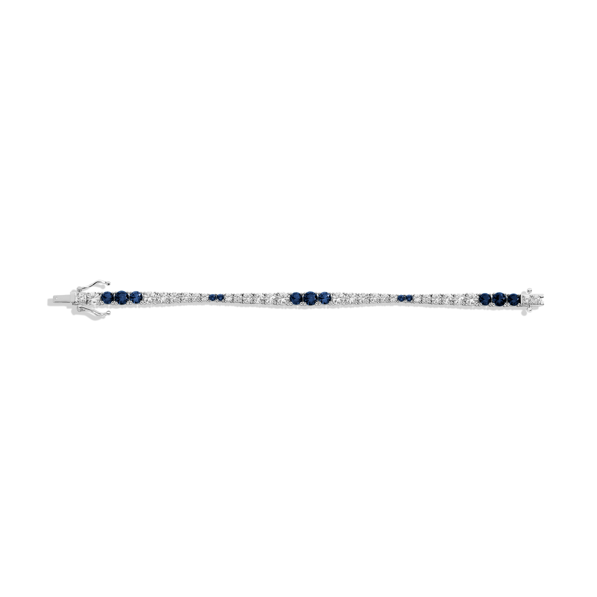 Lab Grown Blue Sapphire and White Sapphire Scalloped Tennis Bracelet Vermeil White Gold 6in 6.5in 7in 7.5in