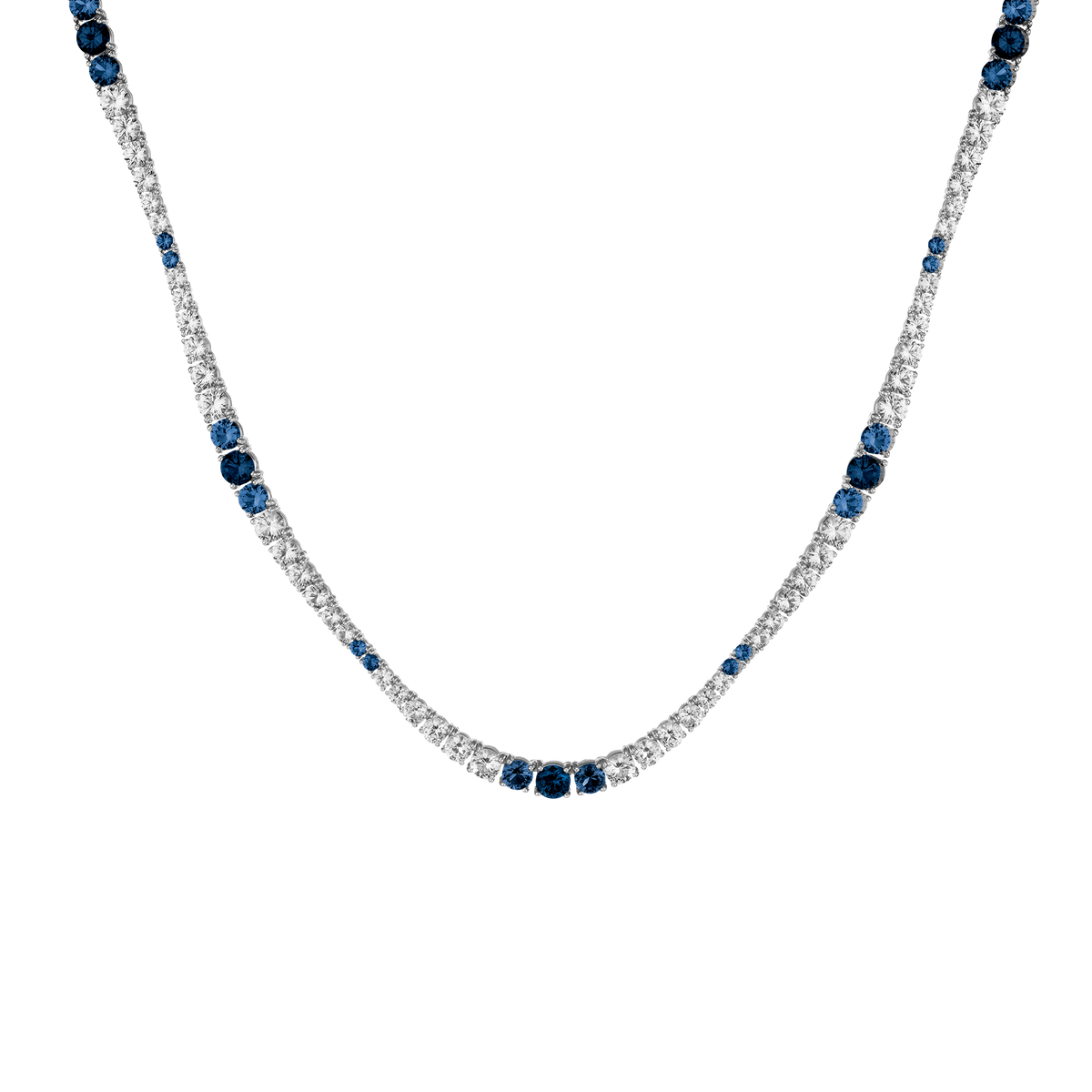 Lab Grown Blue Sapphire and White Sapphire Scalloped Tennis Necklace Vermeil White Gold 16in First
