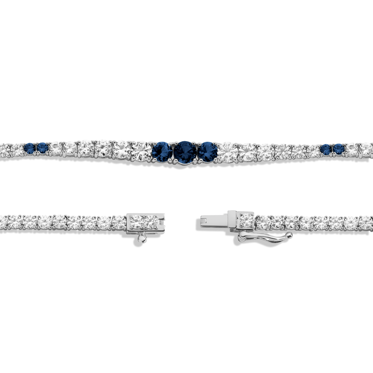 Lab Grown Blue Sapphire and White Sapphire Scalloped Tennis Necklace Vermeil White Gold 16in