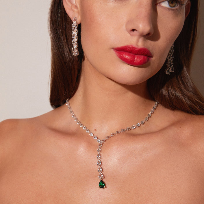 Lab Grown White Sapphire Waterfall Necklace with Emerald