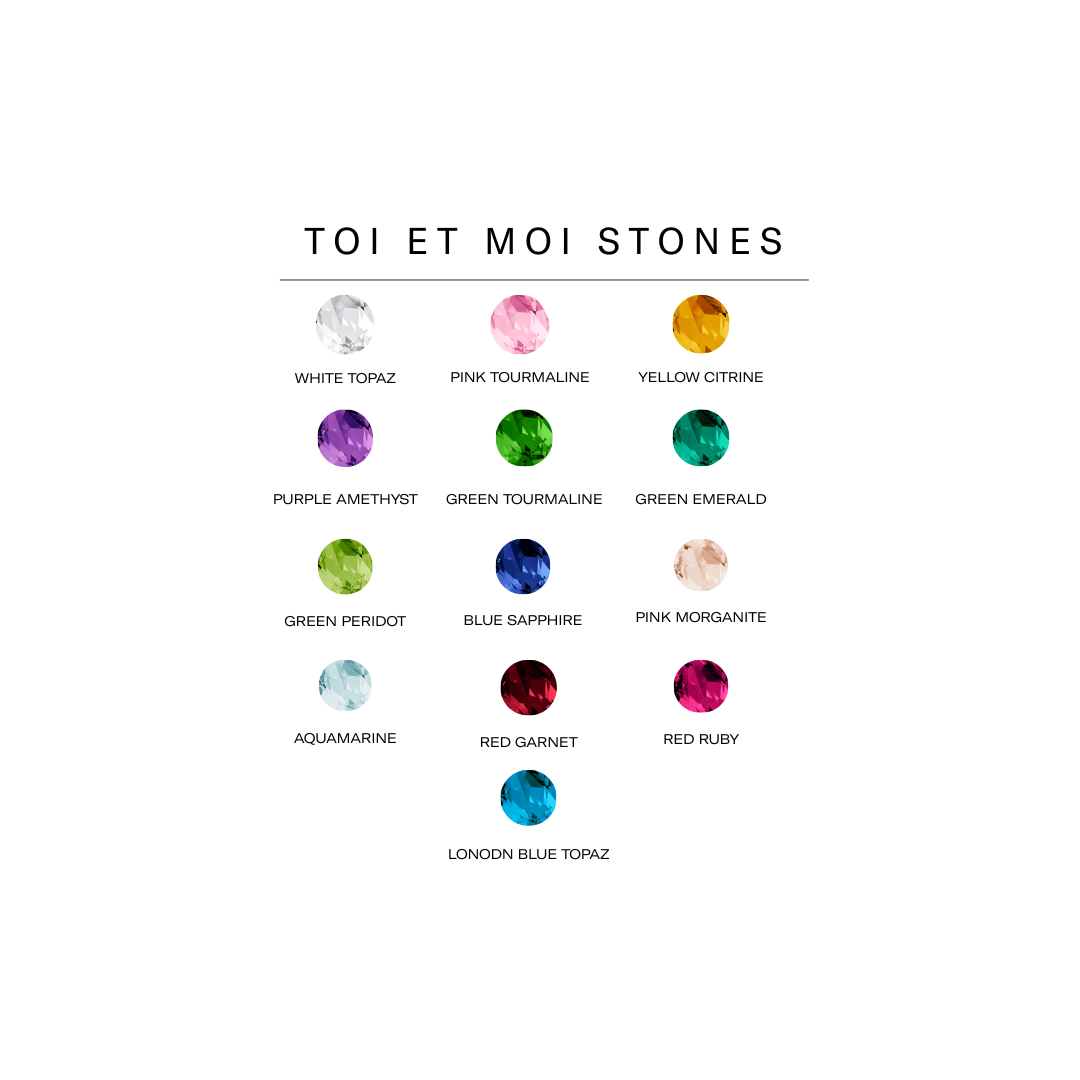 Model. Color chart of gemstones with names below each stone on a white background, branded 'TOI ET MOI STONES'.