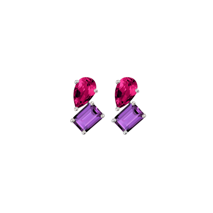 Toi et Moi Gemstone Heirloom Earring - Amethyst & Red Ruby Vermeil White Gold Single First