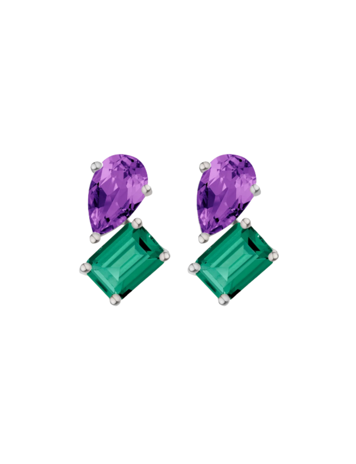 Toi et Moi Gemstone Heirloom Earring - Green Emerald & Amethyst Vermeil White Gold Single First
