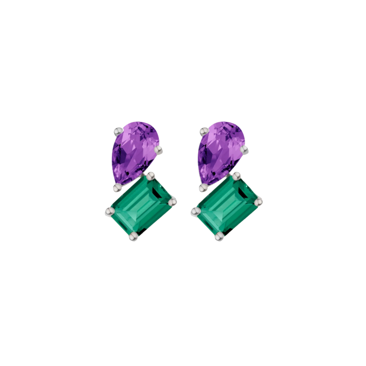 Toi et Moi Gemstone Heirloom Earring - Green Emerald & Amethyst Vermeil White Gold Single First