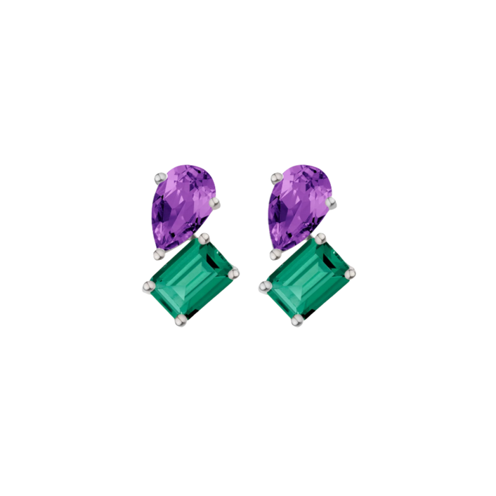 Toi et Moi Gemstone Heirloom Earring - Green Emerald & Amethyst Vermeil White Gold Single First