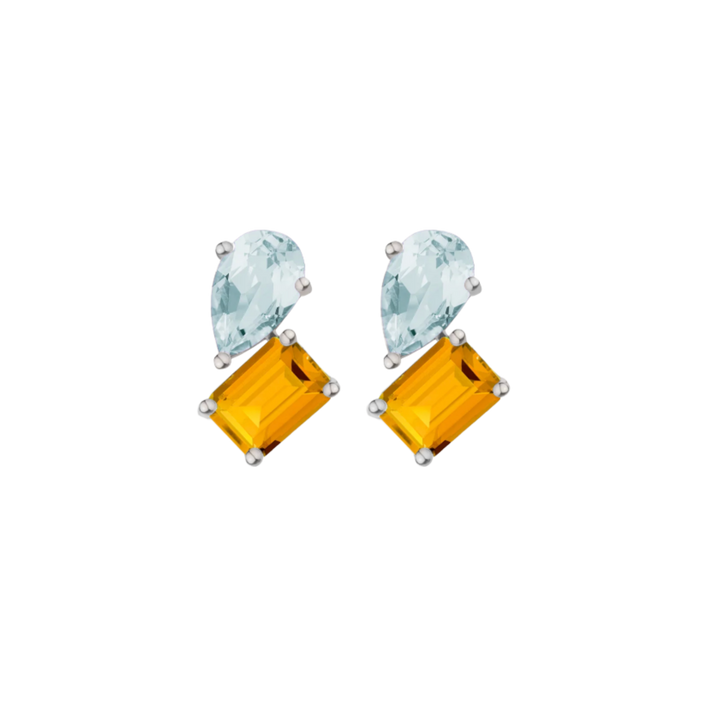 Toi et Moi Gemstone Heirloom Earring - Citrine & Aquamarine 14k White Gold Single First