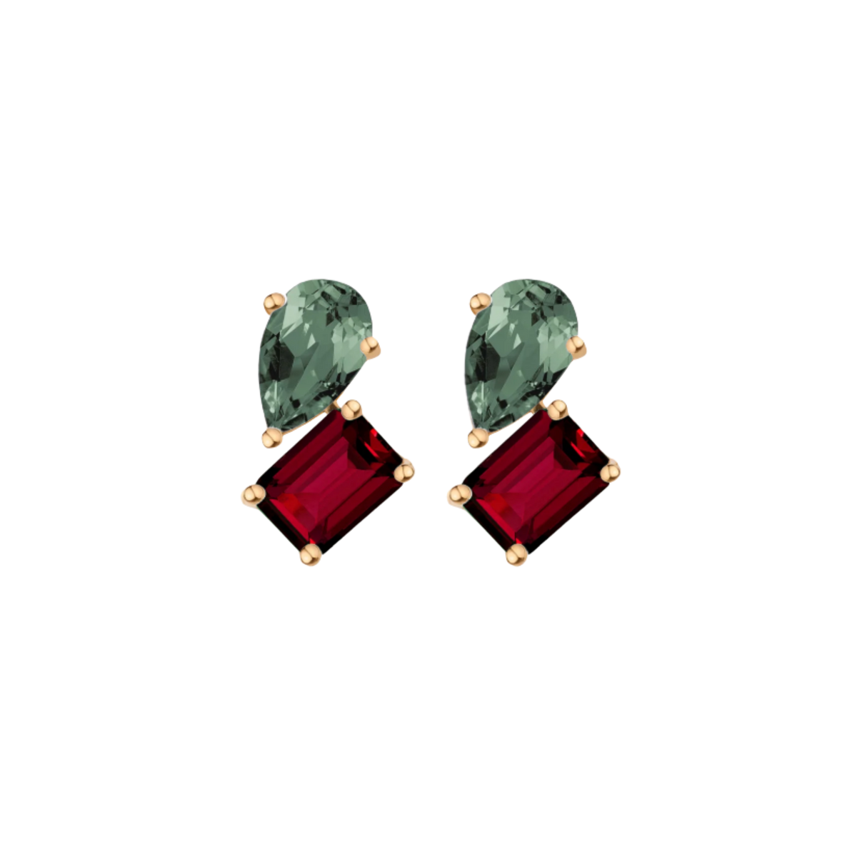 Toi et Moi Gemstone Heirloom Earring - Garnet & Green Tourmaline Vermeil Yellow Gold Single First