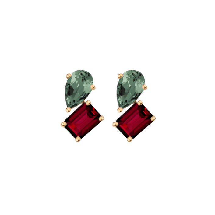 Toi et Moi Gemstone Heirloom Earring - Garnet & Green Tourmaline Vermeil Yellow Gold Single First