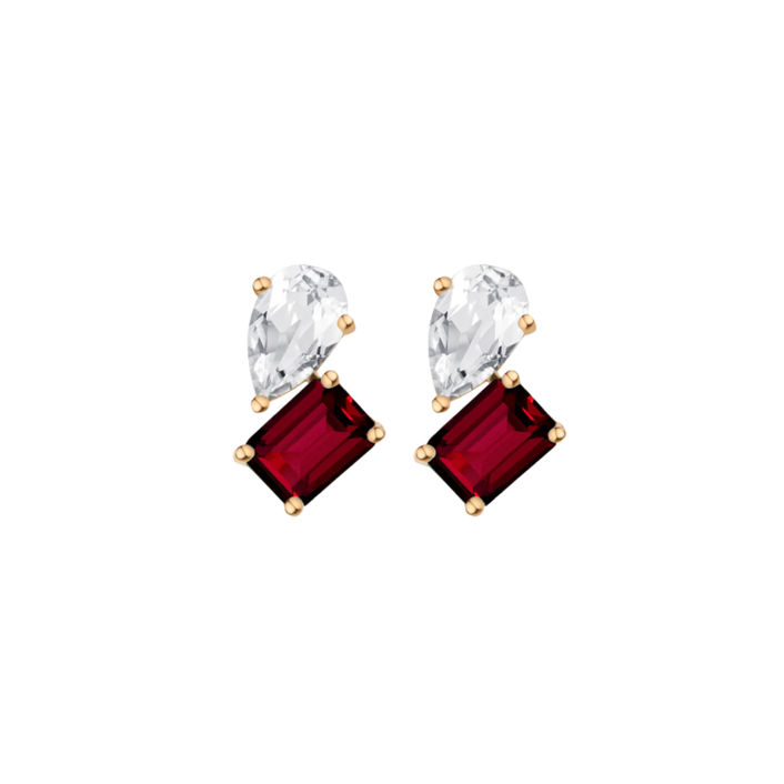 Toi et Moi Gemstone Heirloom Earring - Garnet & White Topaz Vermeil Yellow Gold Single First