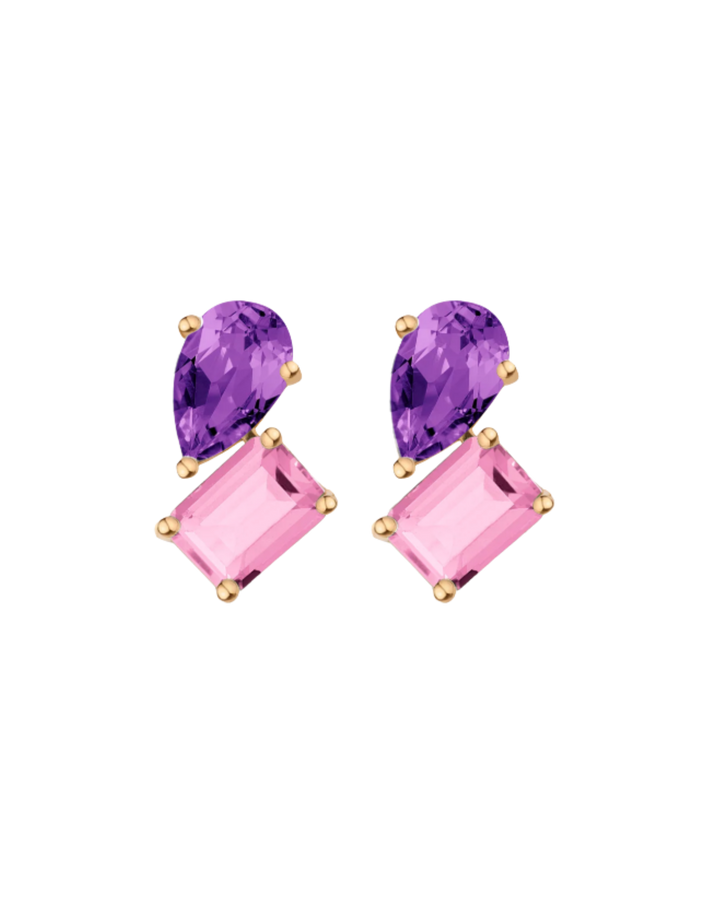Toi et Moi Gemstone Heirloom Earring - Pink Tourmaline & Amethyst 14k Yellow Gold Single First