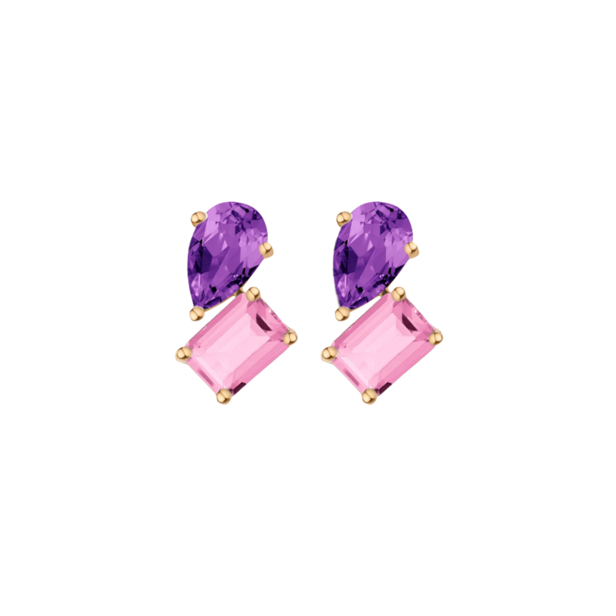 Toi et Moi Gemstone Heirloom Earring - Pink Tourmaline & Amethyst 14k Yellow Gold Single First