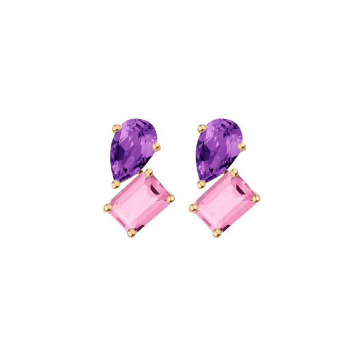 Toi et Moi Gemstone Heirloom Earring - Pink Tourmaline & Amethyst 14k Yellow Gold Single First