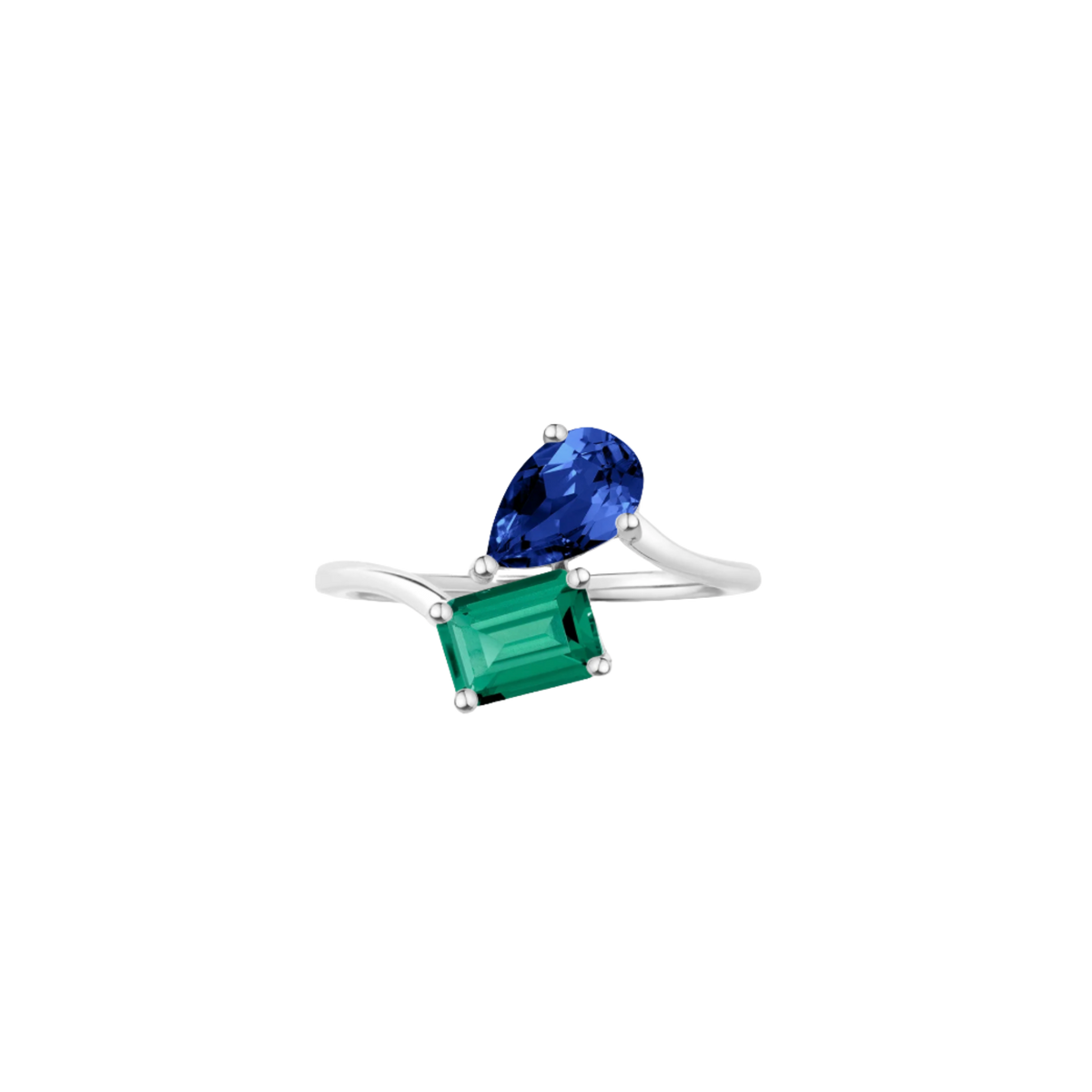 Toi et Moi Gemstone Heirloom Ring  - Green Emerald & Blue Sapphire 14k White Gold First