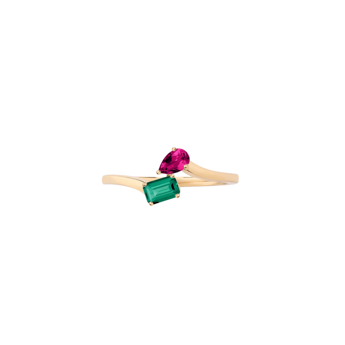 Toi et Moi Gemstone Mini Heirloom Ring  - Green Emerald & Red Ruby 18k Yellow Gold First