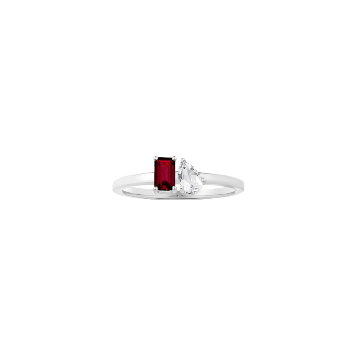 Toi et Moi Gemstone Mini Classic Ring  - Red Garnet & White Topaz 14k White Gold First