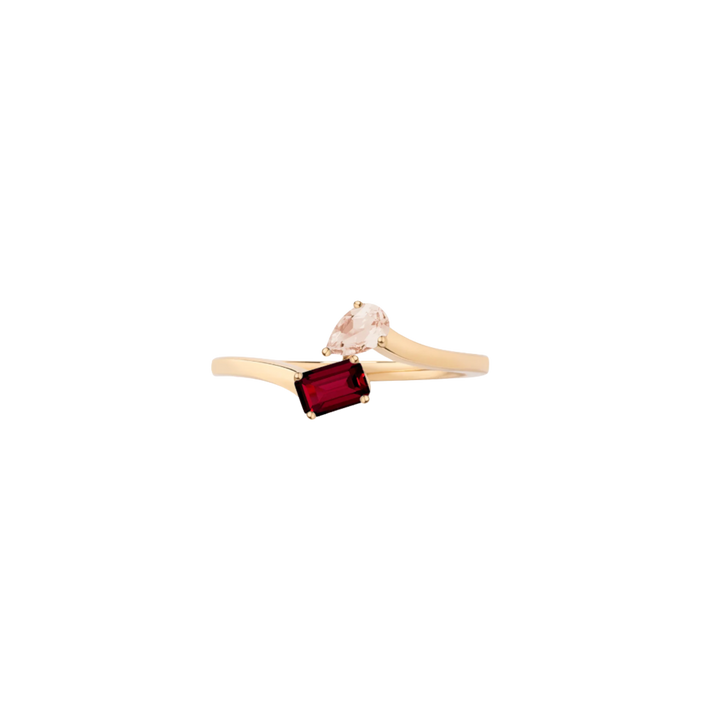 Toi et Moi Gemstone Mini Heirloom Ring  - Red Garnet & Pink Morganite 14k Yellow Gold First