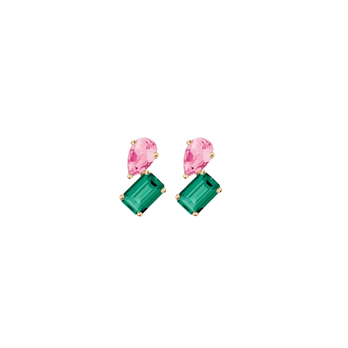 Toi et Moi Gemstone Mini Heirloom Earring  - Green Emerald & Pink Tourmaline Vermeil Yellow Gold Single First