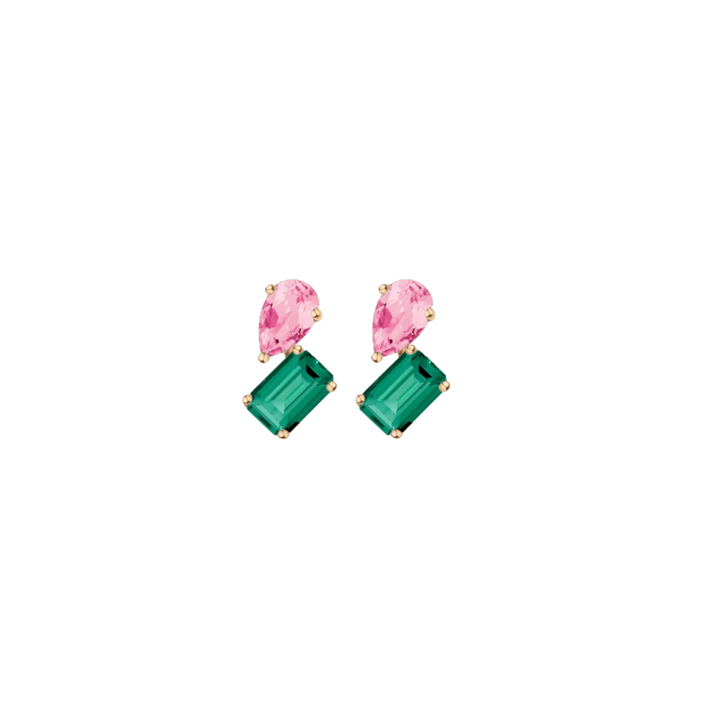 Toi et Moi Gemstone Mini Heirloom Earring  - Green Emerald & Pink Tourmaline Vermeil Yellow Gold Single First