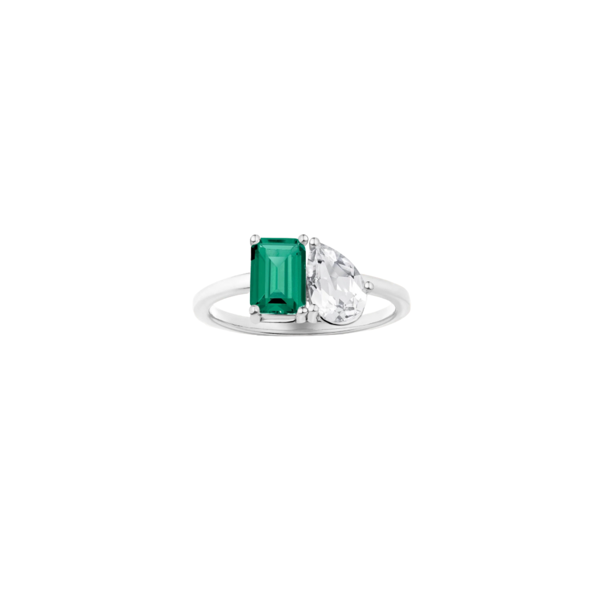 Toi et Moi Gemstone Classic Ring  - Green Emerald & White Topaz 18k White Gold First