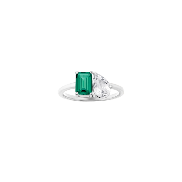 Toi et Moi Gemstone Classic Ring  - Green Emerald & White Topaz 18k White Gold First