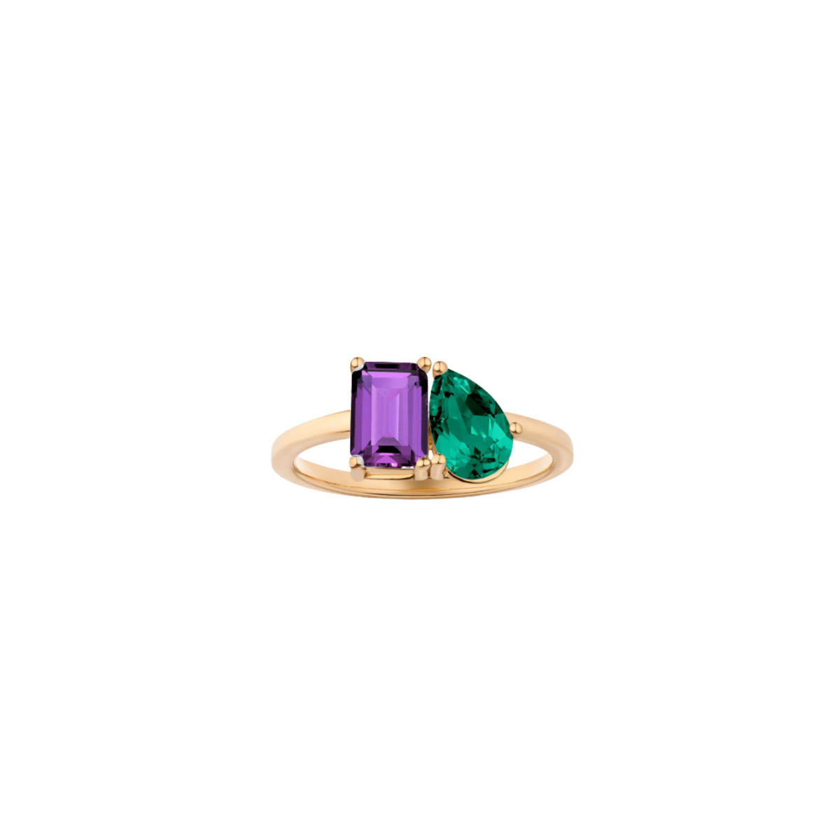 Toi et Moi Gemstone Classic Ring  - Purple Amethyst & Green Emerald 14k Yellow Gold First