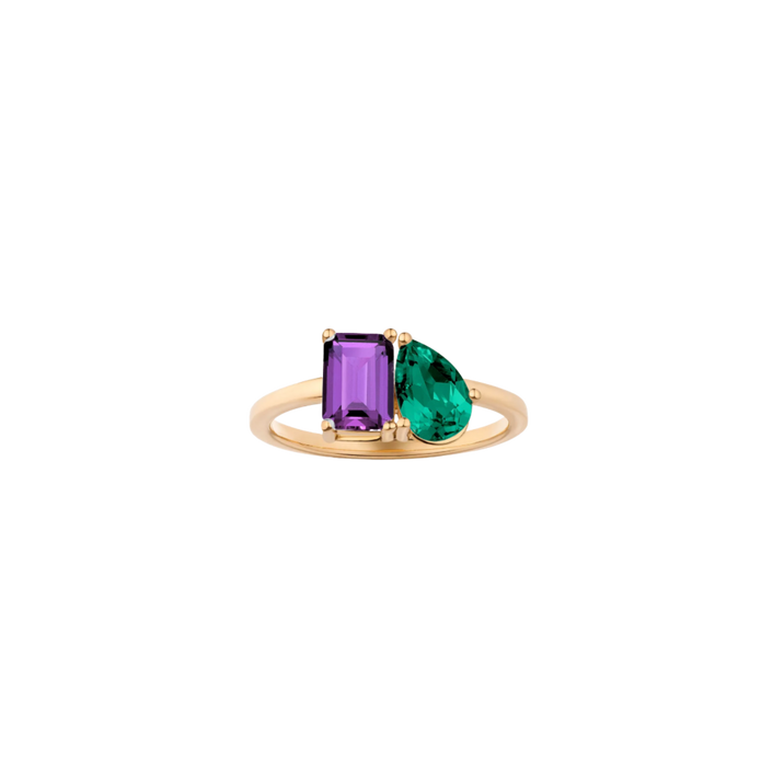 Toi et Moi Gemstone Classic Ring  - Purple Amethyst & Green Emerald 14k Yellow Gold First